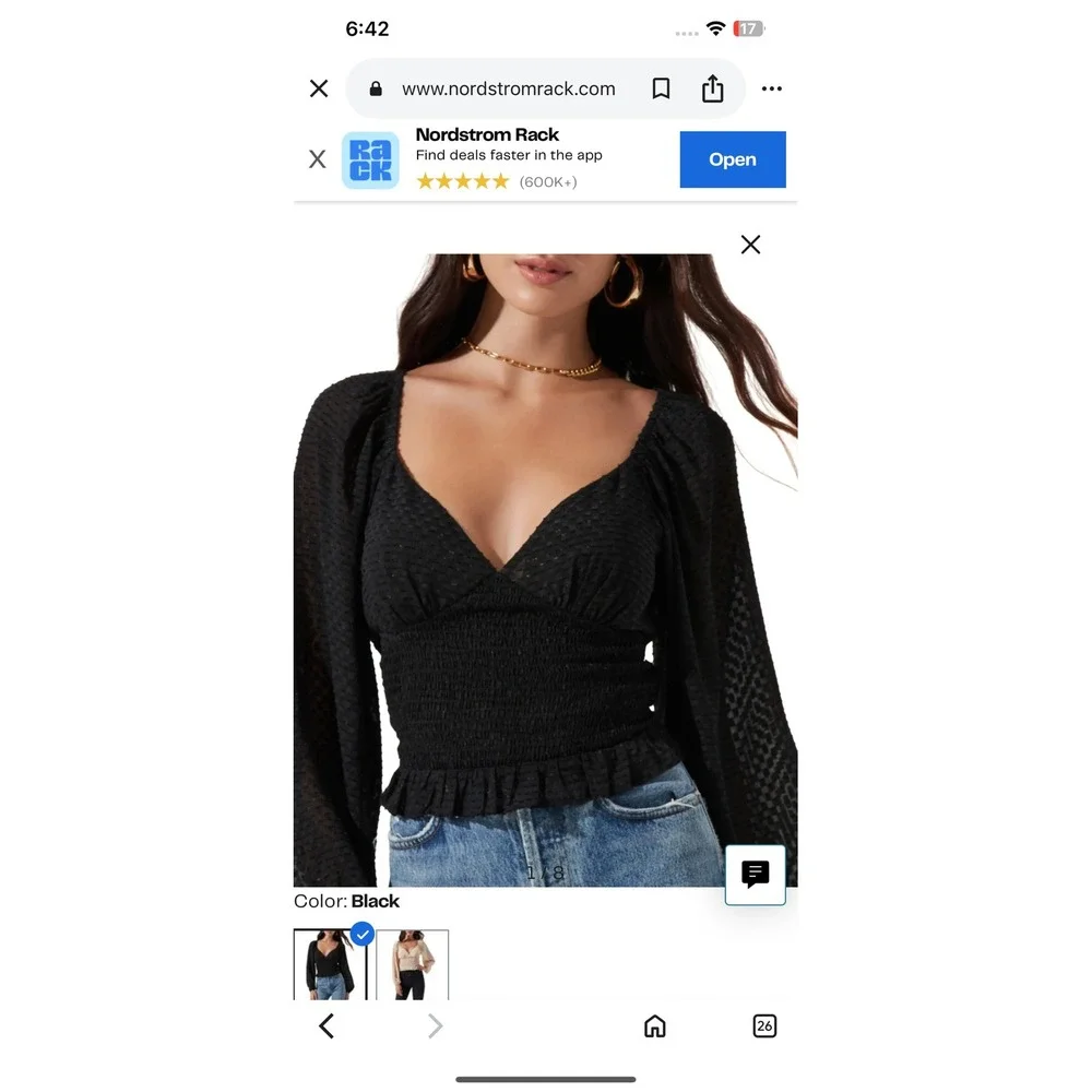 ASTR The Label Black Long Sleeve V Neck Smocked Waist Top XS nwt